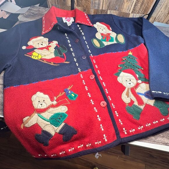 Vintage Keren Hart Christmas Teddy Bear Cardigan Sweater – Size M - Picture 1 of 7
